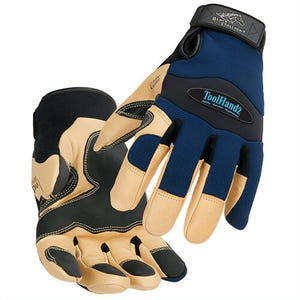 Black Stallion® 99ACEXXL-P Gloves, Mechanics, Sure-Grip Style, XX-Large, Grain Pigskin Palm, Spandex/Neoprene, Tan/Blue