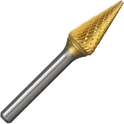 Champion Cutting Tool SM3 Double Cut TiN Coated Carbide Bur, Cone, 1/4 in Cutting dia, 1 in Length of Cut, 1/4 in Shank
