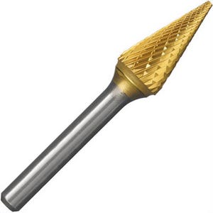 Champion Cutting Tool SM3 Double Cut TiN Coated Carbide Bur, Cone, 1/4 in Cutting dia, 1 in Length of Cut, 1/4 in Shank