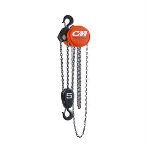 CM® 4839 Cyclone® Hand Chain Hoist with Low Headroom Plain Trolley, 3 Reeving, 10 ft Lift, 24.25 in Headroom, 5 ton