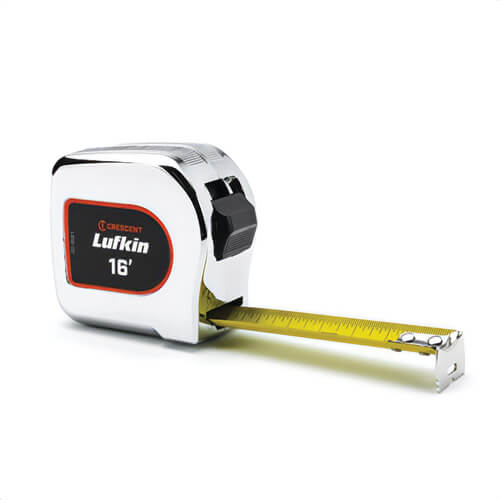 Lufkin® L916-02 Tape Measure, 16 ft L, Chrome, 1 in Tape Width, Locking, Yellow Tape