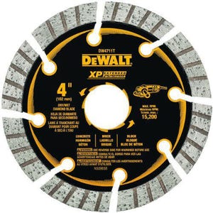 DeWALT® DW4711T HP™ Turbo Segmented Rim diamond Saw Blade, 4 in dia Blade, 1 in D Cutting, 7/8 in Arbor/Shank, Fast Cutting