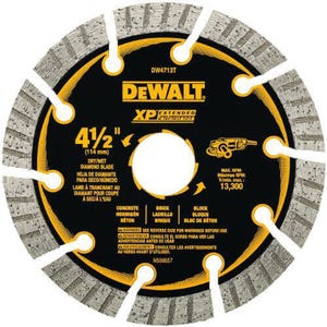 DeWALT® DW4713T HP™ Turbo Segmented Rim diamond Saw Blade, 4-1/2 in dia Blade, 1-1/4 in D Cutting, 7/8 in Arbor/Shank, Fast Cutting