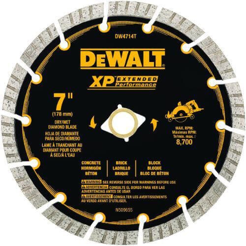 DeWALT® DW4714T HP™ Turbo Segmented Rim diamond Saw Blade, 7 in dia Blade, 2-1/4 in D Cutting, 7/8 in Arbor/Shank, Fast Cutting