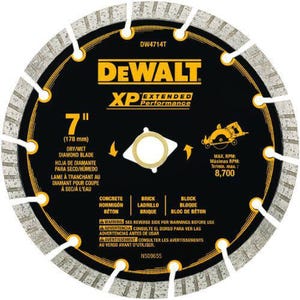 DeWALT® DW4714T HP™ Turbo Segmented Rim diamond Saw Blade, 7 in dia Blade, 2-1/4 in D Cutting, 7/8 in Arbor/Shank, Fast Cutting