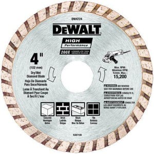 DeWALT® DW4724 High Performance™ Turbo diamond Saw Blade, 4 in dia Blade, 1 in D Cutting, 5/8 in, 7/8 in, 20 mm Arbor/Shank