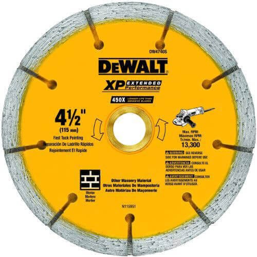 DeWALT® XP™ DW4740S Sandwich Segmented Rim diamond Saw Blade, 4-1/2 in dia Blade, 1-1/4 in D Cutting, 5/8 in Arbor/Shank, Dry Cutting