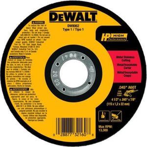 DeWALT® HP™ DW8062 Small dia Cut-Off Wheel, 4-1/2 in dia x 0.045 in Thick, 7/8 in Center Hole, 60 Grit, Aluminum Oxide Abrasive