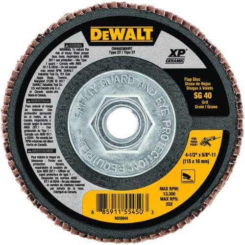 DeWALT® DWA8280HRT XP™ Ultra Performance Jumbo Flap Disc, 4-1/2 in dia Disc, 5/8-11 Center Hole, 40 Grit, Coarse Grade, Ceramic Abrasive, Type 27 Disc