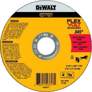 DeWALT® DWAFV845045 FlexVolt® Small dia FlexVolt Cut-Off Wheel, 4-1/2 in dia x 0.045 in Thick, 7/8 in Center Hole, 24 Grit, Ceramic Abrasive