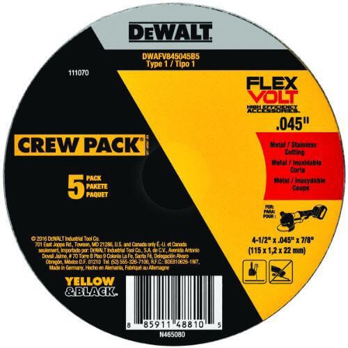 DeWALT® DWAFV845045B5 FlexVolt® Small dia FlexVolt Cut-Off Wheel, 4-1/2 in dia x 0.045 in Thick, 7/8 in Center Hole, 24 Grit, Ceramic Abrasive
