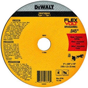 DeWALT® DWAFV86045 FlexVolt® Small dia FlexVolt Cut-Off Wheel, 6 in dia x 0.045 in Thick, 7/8 in Center Hole, 24 Grit, Ceramic Abrasive