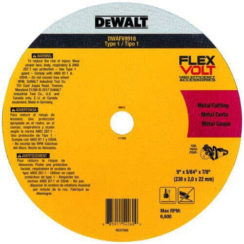 DeWALT® DWAFV8918 Abrasive Cut-Off Wheel, 9 in dia x 5/64 in Thick, 7/8 in Center Hole, 60 Grit, Ceramic Abrasive
