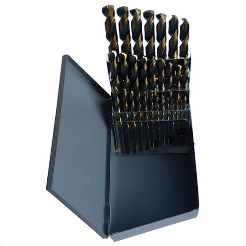 KFD® KFD29J-SET 2-Flute Heavy Duty Jobber Length Drill Set, 1/16 in Min Drill Bit, 1/2 in Max Drill Bit, 135°  Drill Point Angle, 29 pc, HSS, Black/Gold