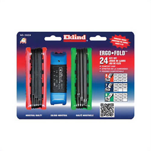 Eklind® 25024 Ergo-Fold™ Short Key Set, 24 pc, 0.05 to 0.188 in, 1.5 to 6 mm Hex, T8 to T40 Torx®, Ergonomic Grip/Fold-Up Handle