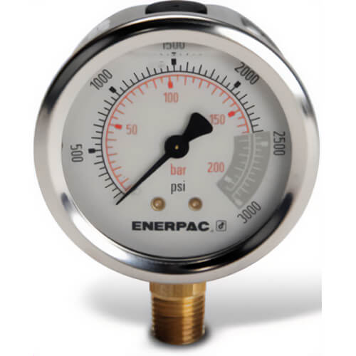 Enerpac® G2516SL Hydraulic Pressure Gauge, 2.5 in Face, Lower Mount, Glycerine Filled, 3,000 Maximum psi