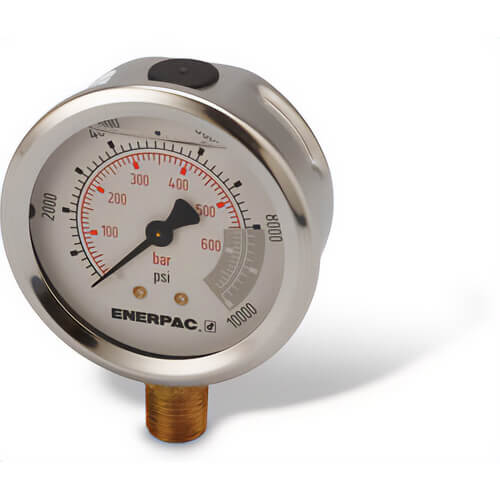 Enerpac® G2535L Hydraulic Pressure Gauge, 2.50 in Face, Lower Mount, Glycerine Filled, 10,000 Maximum psi