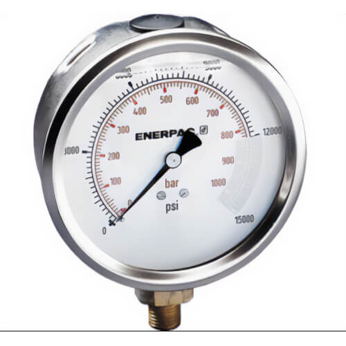 Enerpac® G4089L Hydraulic Pressure Gauge, 4.0 in Face, Lower Mount, Glycerine Filled, 15,000 Maximum psi