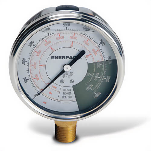 Enerpac® GF5P Glycerin Filled Lower Mount Hydraulic Force and Pressure Gauge, 0 to 10,000 psi, 4.3 in dia Gauge