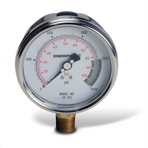 Enerpac® GP15S GP Series Straight Hydraulic Pressure Gauge, 15,000 psi, 4.3 in dia Gauge, 1/2 in NPTF Connection, +/-1% Accuracy