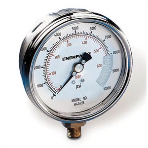 Enerpac® H4049L Dry Style High Cycle Lower Mount Hydraulic Pressure Gauge, 0 to 10,000 psi, 4 in dia Gauge, 1/4 in NPTF Connection