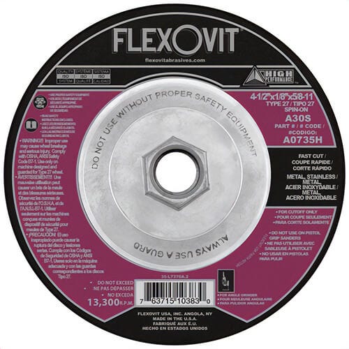 FlexOvit® High Performance™ A0735H Depressed Center Cut-Off Wheel, 4-1/2 in dia x 1/8 in Thick, A30S Grit, Aluminum Oxide Abrasive