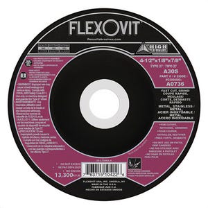 FlexOvit® High Performance™ A0736 Depressed Center Cut-Off Wheel, 4-1/2 in dia x 1/8 in Thick, 7/8 in Center Hole, A30S Grit