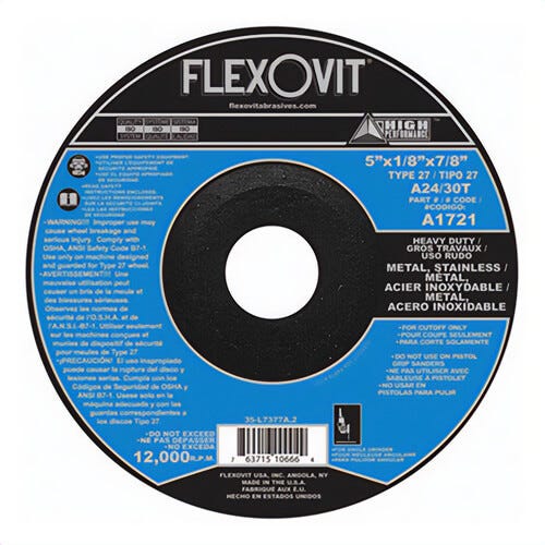 FlexOvit® High Performance™ A1721 Depressed Center Cut-Off Wheel, 5 in dia x 1/8 in Thick, 7/8 in Center Hole, A24/30T Grit, Aluminum Oxide Abrasive