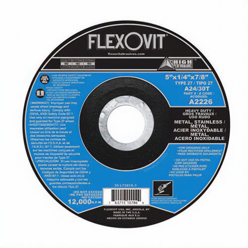 FlexOvit® High Performance™ A2226 Heavy Duty Precision Depressed Center Grinding Wheel, 5 in dia x 1/4 in Thick, A24/30T Grit