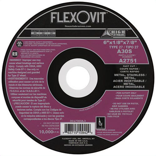 FlexOvit® A2751 USA 4.5 in Type 27 Cutoff Wheel, 1/8 in Thickness, 7/8 Arbor