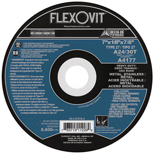 FlexOvit® High Performance™ A4177 Heavy Duty Depressed Center Grinding Wheel, 7 in dia x 1/4 in Thick, 7/8 in Center Hole, A24/30T Grit