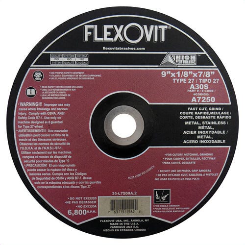 FlexOvit® A7250H Metal Grinding Wheel, A30S, 9 x 1/8 x 5/8-11