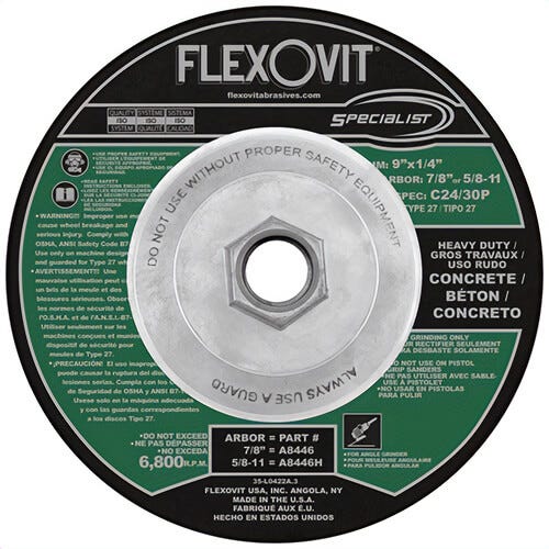 FlexOvit® A8446H Type 27 Grinding Wheel, 9 in dia, 1/4 in thick, 5/8 in - 11 in Arbor, 6,800 Maximum RPM