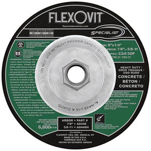 FlexOvit® A8446H Type 27 Grinding Wheel, 9 in dia, 1/4 in thick, 5/8 in - 11 in Arbor, 6,800 Maximum RPM