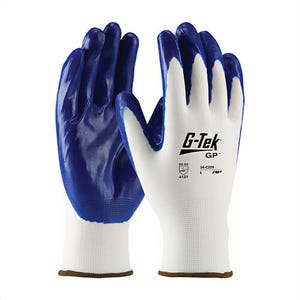 G-Tek® 34-C229/M GP™ General Purpose Gloves, Coated, Medium, Nitrile Palm, Nylon, Blue/White, Continuous Knit Wrist Cuff