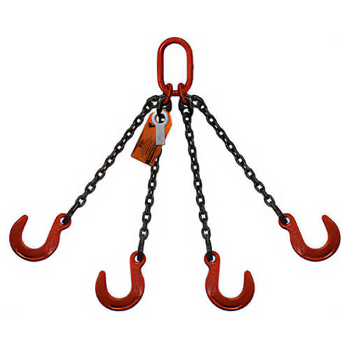 HSI® Quad Leg Chain Sling, 9/32 in dia, 15 ft Length, Oblong Link to Foundry Hook Ends, 11,200 lb Working Load Limit