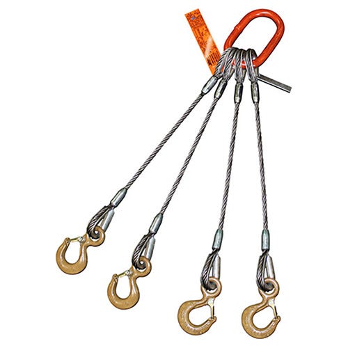HSI® Four Leg Wire Rope Sling, 2 in dia, 5 ft L, Eye Hook with Safety Latch Ends, 127 ton Capacity, Domestic