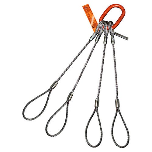 HSI® Four Leg Wire Rope Sling, 2 in dia, 5 ft L, Flemish Loop Ends, 127 ton Capacity, Domestic