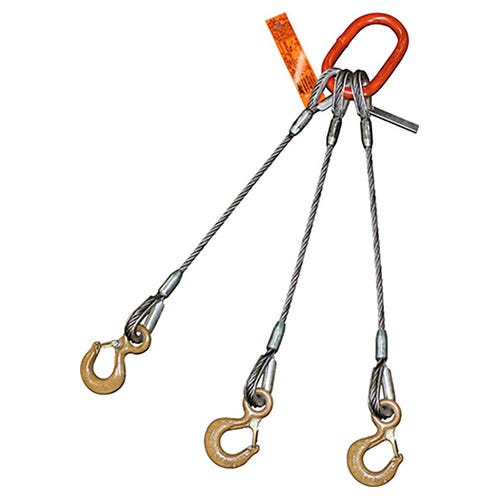HSI® Three Leg Wire Rope Sling, 2 in dia, 5 ft L, Eye Hook with Safety Latch Ends, 95 ton Capacity, Domestic