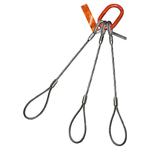 HSI® Three Leg Wire Rope Sling, 2 in dia, 5 ft L, Flemish Loop Ends, 95 ton Capacity, Domestic