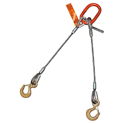 HSI® Two Leg Wire Rope Bridle Sling, 2 in dia, 5 ft L, Eye Hook Ends, 63 ton Capacity, Domestic