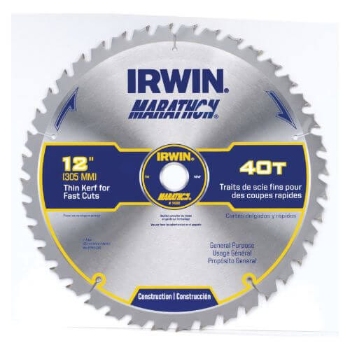 Irwin® Marathon® 14080 Construction Series General Purpose Miter/Table Circular Saw Blade, 12 in dia, 1 in Arbor, 40 Teeth