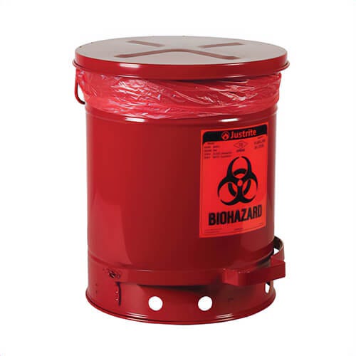 Justrite® 05930R Biohazard Waste Can with Foot Operated Self-Closing SoundGard™ Cover, 10 gal Capacity, 13.937 in dia, 18-1/4 in H, Steel, Red