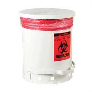 Justrite® 05935 Biohazard Waste Can with Foot Operated Self-Closing SoundGard™ Cover, 10 gal Capacity, 13.937 in dia, 18-1/4 in H, Steel, White