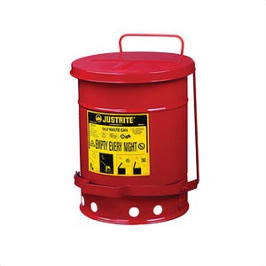 Justrite® 09100 Foot Operated Oily Waste Can with Self-Closing Cover, 6 gal Capacity, 11-7/8 in dia x 15-7/8 in H, Steel, Red
