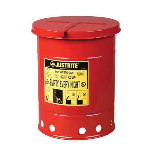 Justrite® 09110 Hand Operated Oily Waste Can, 6 gal Capacity, 11-7/8 in dia x 15-7/8 in H, Steel, Red