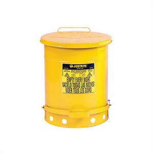 Justrite® 09501 Standard Foot Operated Oily Waste Can with Self-Closing Cover, 14 gal Capacity, 16.063 in dia x 20-1/4 in H, Steel, Yellow