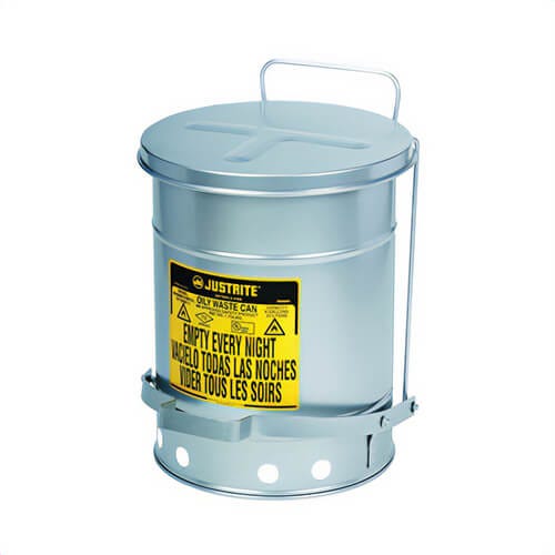 Justrite® 09704 Foot Operated Oily Waste Can with Self-Closing SoundGard™ Cover, 21 gal Capacity, 18-3/8 in dia x 23.438 in H, Steel, Silver