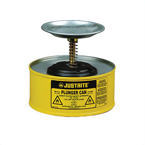 Justrite® 10118 Plunger Dispensing Can, 1 qt, Steel, Yellow, Brass/Ryton® Plunger, 5 in dia Dasher Plate