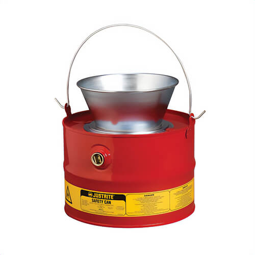Justrite® 10903 Drain Can with Plated Steel Funnel, 3 gal Capacity, 11-5/8 in dia, 12-1/4 in H, Steel, Red, FM Approved